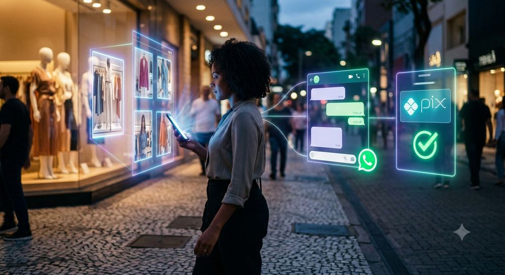 Mulher caminhando com celular na mão, com elementos digitais de vitrine, WhatsApp e pagamento flutuando ao redor