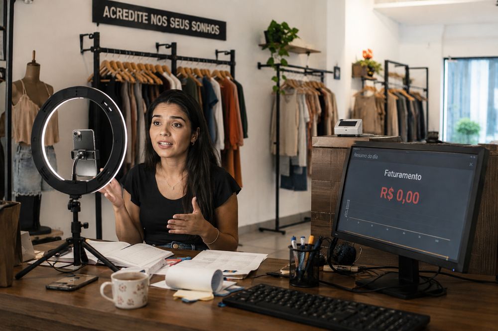 Lojista gravando conteúdo para redes sociais, com monitor ao fundo mostrando faturamento zerado