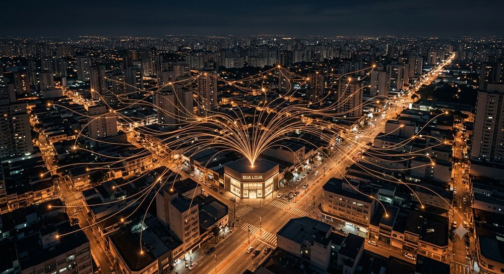 Vista aérea de uma loja de roupas irradiando linhas de luz âmbar por toda a cidade à noite
